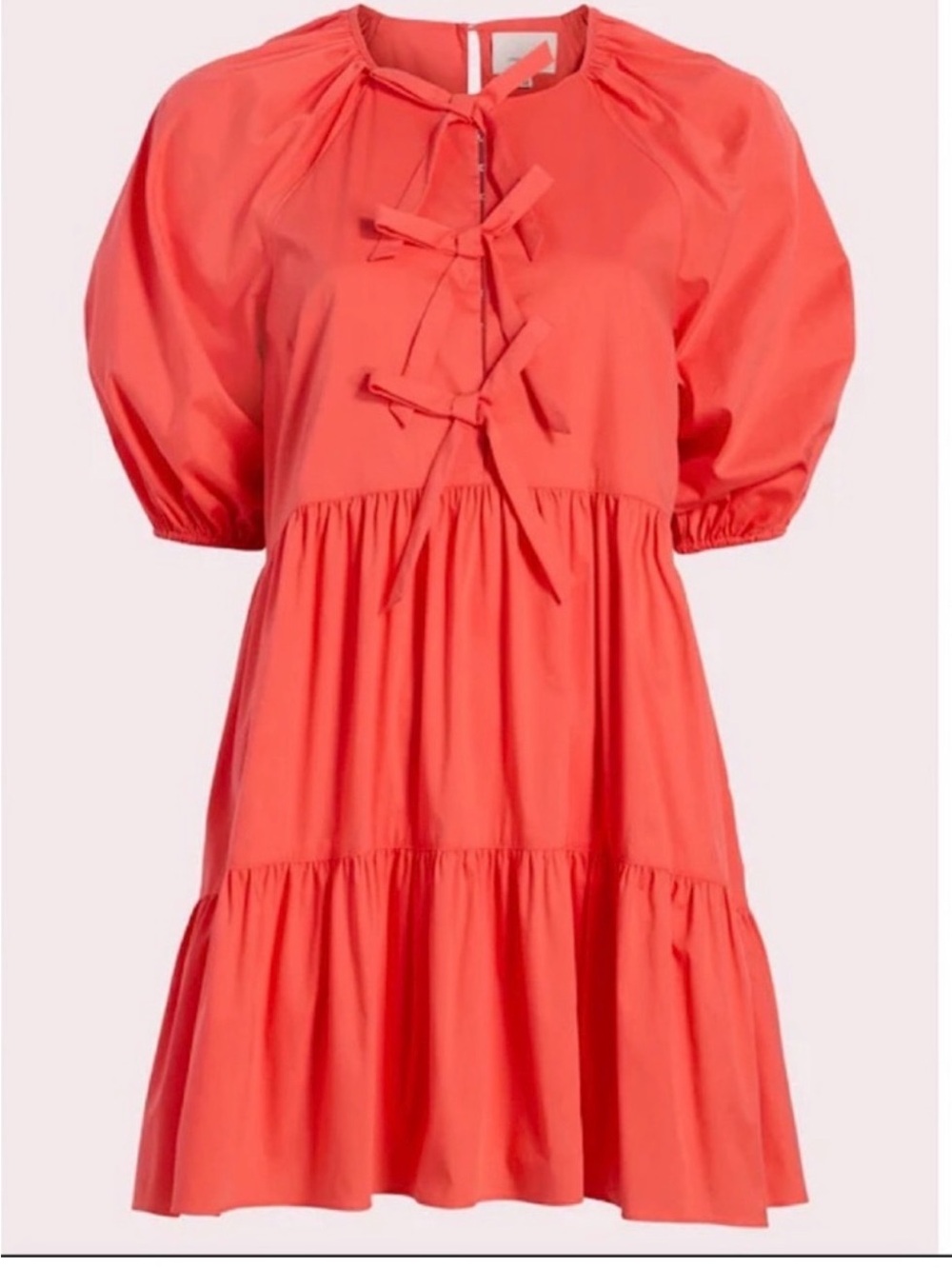 Cinq a Sept Lynn Tie Front Puff Sleeve Babydoll Mini Dress Neon Coral Size 4 NWT - Picture 2 of 6